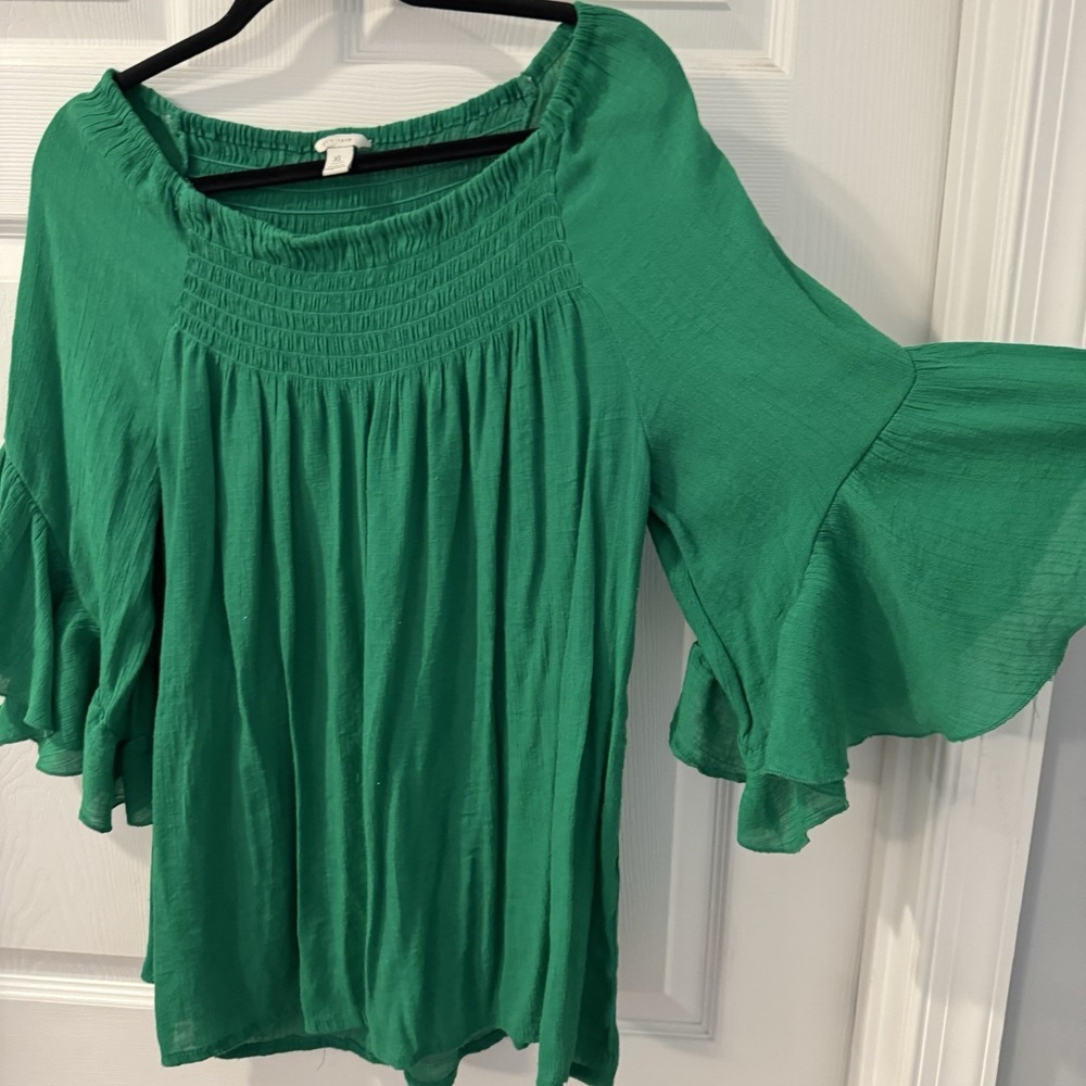 Cato Womens Top Sz  XL Kelly Green Peasant Lightweight Ruffle Sleeve Boho